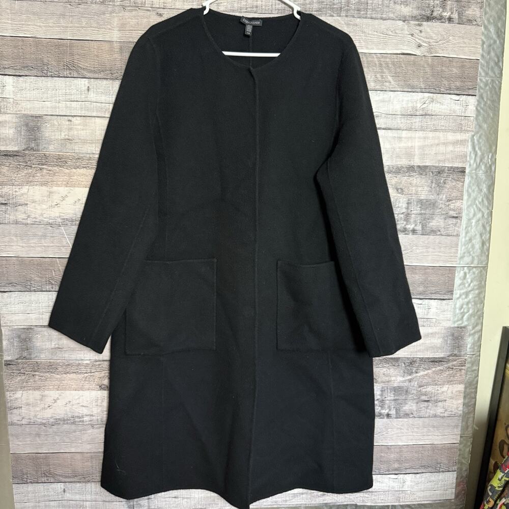 Eileen Fisher Knee Length Boiled Wool Black Snap Close Coat Sz Large